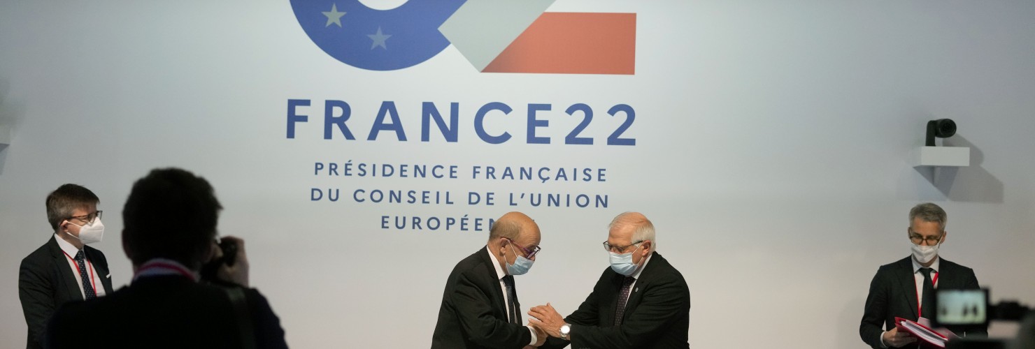 European Union foreign policy chief Josep Borrell, center right, greets French Foreign Minister Jean-Yves Le Drian prior to a meeting of European Union foreign ministers in Brest, France, Friday, Jan. 14, 2022.