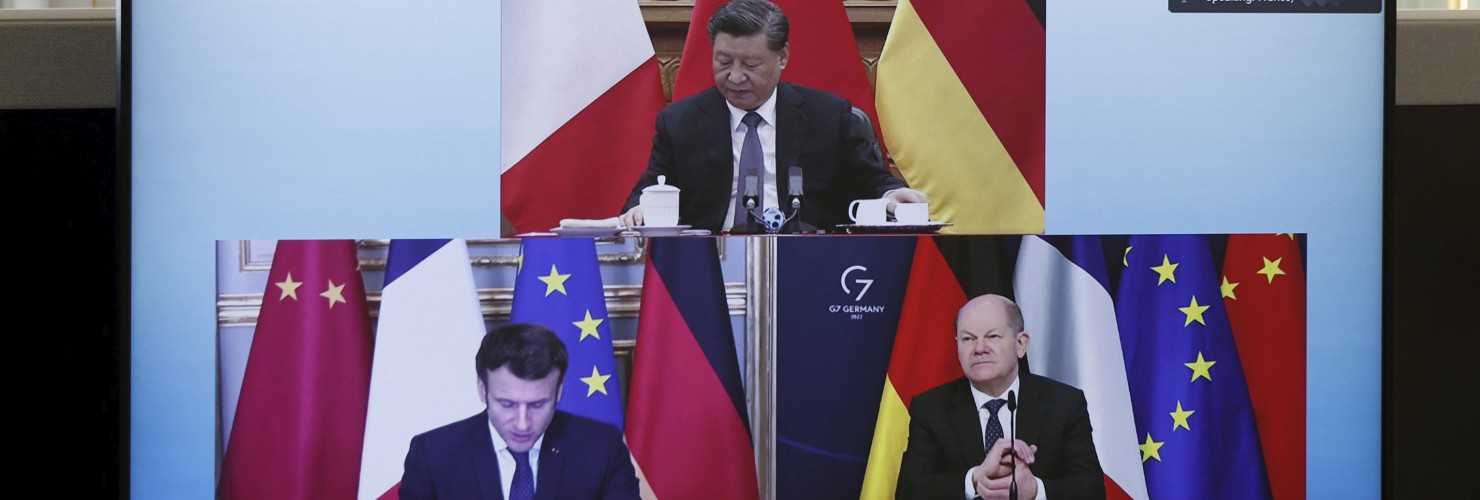 French President Emmanuel Macron, German Chancellor Olaf Scholz, below right, and Chinese President Xi Jinping, top, discussing the Ukraine crisis during a video-conference