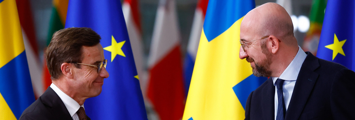 European Council President Charles Michel (R) and Prime Minister of Sweden Ulf Kristersson (L) arrive at a two-day EU Council in Brussels, Belgium, 20 October 2022. 