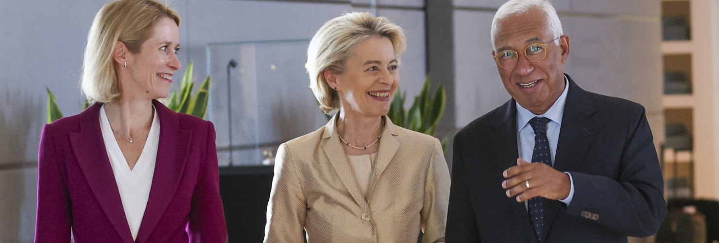 Estonia's Prime Minister Kaja Kallas, left, European Commission President Ursula Von der Leyen and former Portuguese Prime Minister Antonio Costa, right, attend a meeting at Brussels Airport, Brussels, Belgium, Friday June 28, 2024.