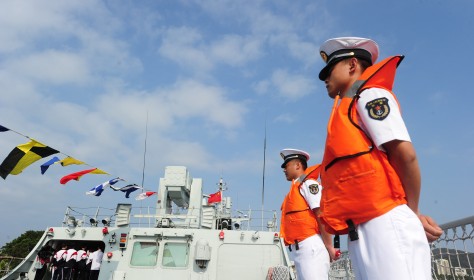 Chinese sailors during an open day event held by the South China Sea Fleet of the PLA Navy at a naval base in Sanya city, Hainan province.