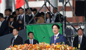 Taiwan's new President Lai Ching-te speaks on stage during the inauguration ceremony outside the Presidential office building in Taipei, Taiwan May 20, 2024.